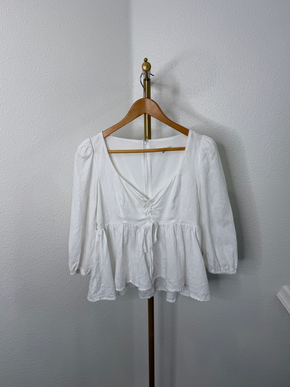 Reformation Abigail Linen Lace Up Puff Sleeve Peplum Blouse White Cottagecore M